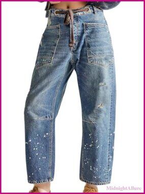 Women's Barrel Leg Pull-On Jeans Mid-Low Rise Drawstring Stretchy Denim Pants